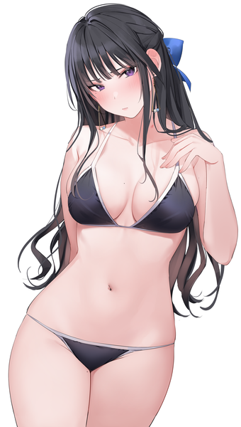 Anime picture 2268x4005 with original xretakex single long hair tall image looking at viewer blush fringe highres breasts light erotic black hair simple background large breasts standing white background purple eyes payot cleavage blunt bangs