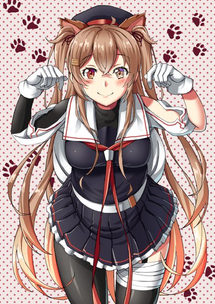 Anime picture 827x1169 with kantai collection murasame destroyer mayura2002 single long hair tall image looking at viewer blush fringe smile hair between eyes red eyes brown hair standing animal ears yellow eyes payot ahoge pleated skirt cat ears