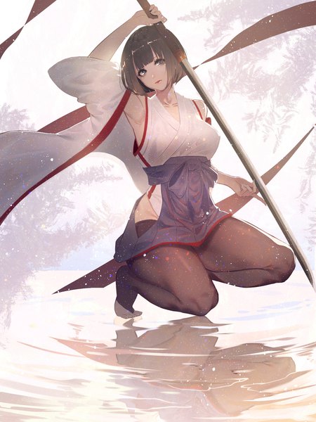 Anime picture 1500x2000 with original kisui single tall image looking at viewer fringe short hair light erotic black hair holding full body traditional clothes head tilt japanese clothes arm up lips black eyes wide sleeves armpit (armpits) no shoes