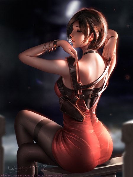 Anime picture 900x1200 with resident evil ada wong liang xing single tall image short hair light erotic brown hair sitting signed bent knee (knees) eyes closed parted lips from behind blurry realistic depth of field lipstick crossed legs light