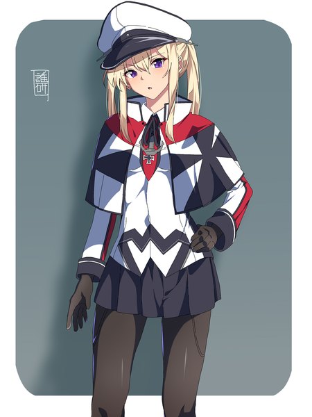 Anime picture 1029x1371 with kantai collection graf zeppelin (kantai collection) sebunsu single long hair tall image fringe simple background blonde hair hair between eyes standing purple eyes twintails head tilt grey background hand on hip border outside border girl gloves