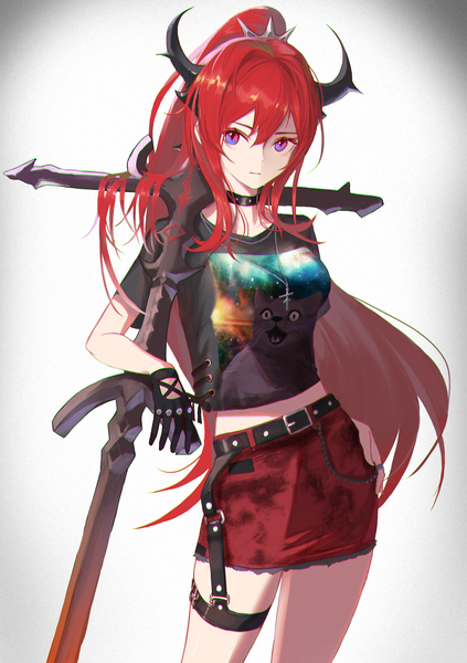 Anime picture 2039x2894 with arknights surtr (arknights) surtr (liberte echec) (arknights) izumo (ton 63) single long hair tall image looking at viewer fringe highres breasts simple background hair between eyes standing purple eyes ponytail red hair horn (horns) short sleeves midriff