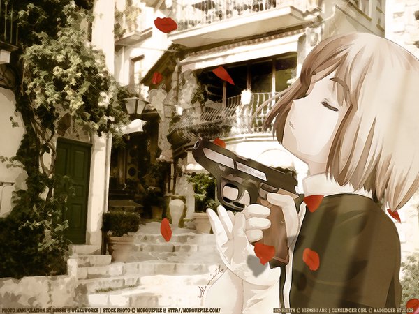 Anime picture 1600x1200 with gunslinger girl madhouse henrietta (gunslinger girl) single short hair open mouth brown hair holding cleavage outdoors eyes closed head tilt inscription official art eyebrows sepia girl gloves weapon petals