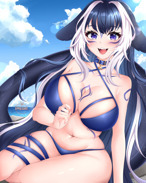 Anime picture 4724x5906 with virtual youtuber indie virtual youtuber shylily shylily (bikini) eppols art single long hair tall image looking at viewer blush fringe highres breasts open mouth blue eyes light erotic black hair smile large breasts sitting