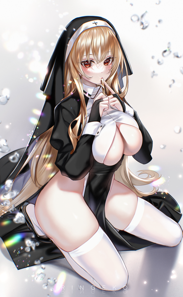 Anime picture 4488x7284 with original sayuri (k pring) ringeko-chan single tall image looking at viewer blush fringe highres breasts light erotic blonde hair hair between eyes red eyes large breasts sitting signed absurdres full body very long hair