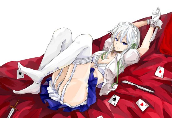 Anime picture 1453x1000 with touhou izayoi sakuya sindre (artist) short hair blue eyes light erotic white hair braid (braids) open clothes maid open shirt twin braids girl thighhighs gloves weapon white thighhighs headdress maid headdress card (cards)