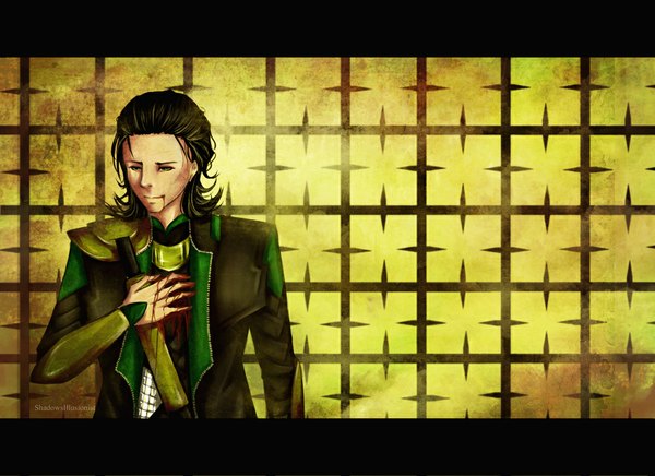 Anime picture 1100x800 with thor marvel comics loki (thor) shadowsillusionist single long hair black hair green eyes signed boy armor blood