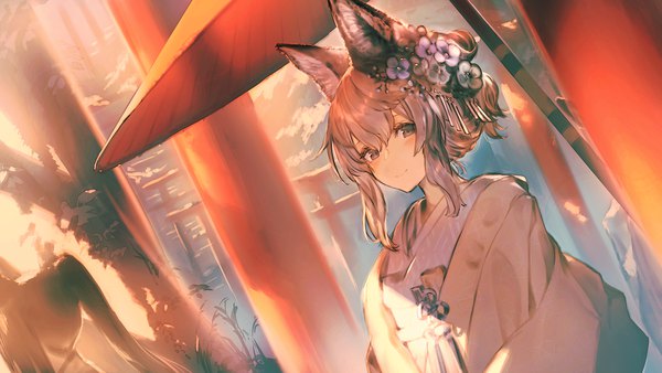 Anime picture 1600x900 with original garuku single looking at viewer blush fringe short hair smile hair between eyes brown hair wide image brown eyes animal ears payot upper body outdoors traditional clothes japanese clothes hair flower dutch angle