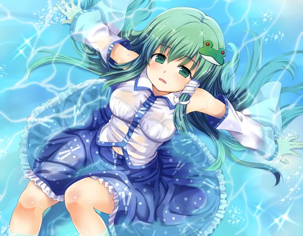 Anime picture 1271x992 with touhou kochiya sanae blue door single long hair light erotic green eyes green hair wet shirt girl skirt detached sleeves water skirt set hair tubes snake frog