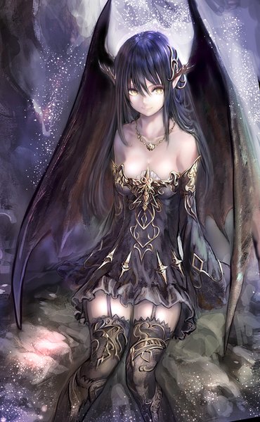 Anime picture 622x1008 with original iori (cpeilad) single long hair tall image looking at viewer fringe light erotic black hair smile hair between eyes sitting bare shoulders long sleeves pointy ears zettai ryouiki demon girl demon wings girl thighhighs