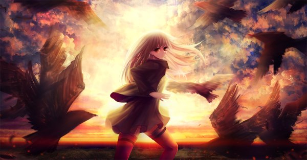 Anime picture 1200x627 with original pixiv fantasia pixiv fantasia fallen kings aya (star) single long hair looking at viewer blonde hair red eyes wide image sky cloud (clouds) evening sunset horizon girl thighhighs dress animal bird (birds)