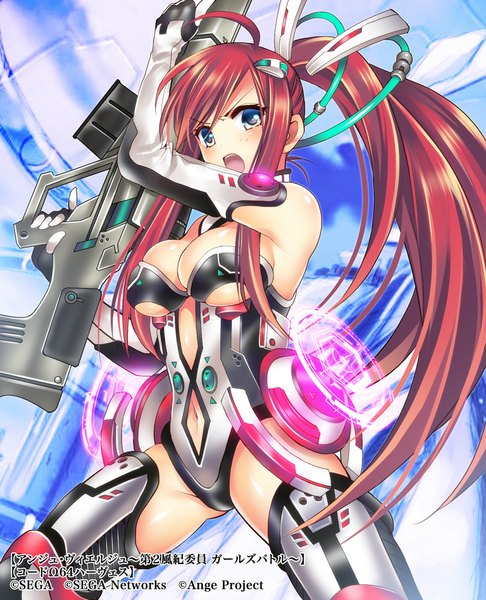 Anime picture 768x948 with ange vierge code omega 64 harves hayamiya (artist) single long hair tall image blush open mouth blue eyes light erotic bare shoulders red hair official art armpit (armpits) character names sideboob skin tight girl gloves navel