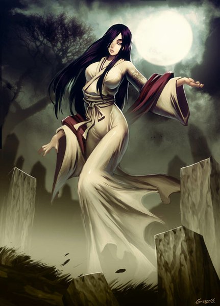 Anime picture 718x1000 with original genzoman single long hair tall image fringe breasts black hair signed traditional clothes japanese clothes wind hair over one eye wide sleeves ghost fog girl kimono moon obi