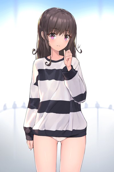 Anime picture 1500x2250 with original lee seok ho single long hair tall image looking at viewer blush fringe light erotic hair between eyes brown hair standing purple eyes signed long sleeves striped girl underwear panties white panties