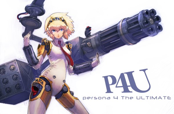 Anime picture 1200x789 with persona 4 persona aegis boyaking(sbf) single short hair blue eyes blonde hair white background girl gloves weapon necktie hairband headphones gun android gatling gun