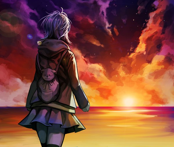 Anime picture 1734x1461 with dangan ronpa super dangan ronpa 2 nanami chiaki moona 59 single highres short hair standing sky cloud (clouds) outdoors long sleeves pleated skirt grey hair from behind lens flare evening sleeves past wrists sunset horizon