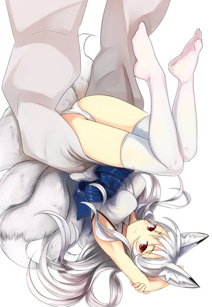 Anime picture 800x1152 with original nosuku single long hair tall image looking at viewer blush fringe light erotic simple background red eyes white background animal ears ass white hair tail traditional clothes japanese clothes animal tail arms up