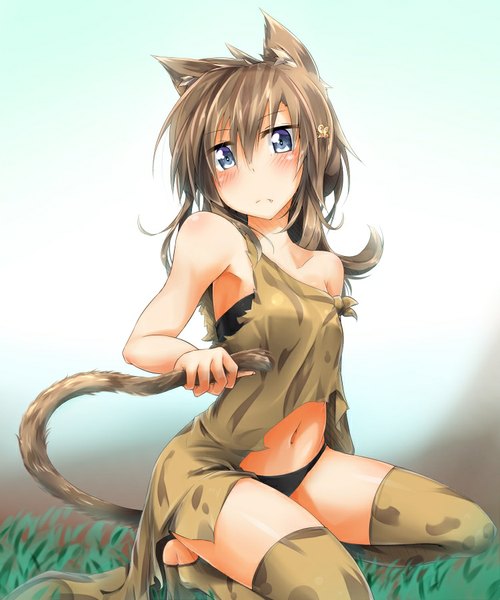 Anime picture 750x900 with original rinrin (927413) single long hair tall image looking at viewer blush fringe blue eyes light erotic brown hair sitting bare shoulders animal ears tail animal tail cat ears bare legs cat girl cat tail