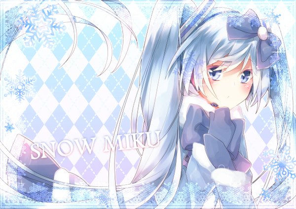 Anime picture 1228x868 with vocaloid hatsune miku yuki miku yuki miku (2012) sakuragi ren single long hair looking at viewer blush blue eyes twintails blue hair plaid checkered background plaid background girl bow hair bow mittens