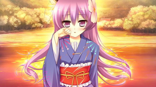 Anime picture 1280x720 with kamigakari cross heart! shiosaki hijiri long hair blush wide image purple eyes game cg purple hair japanese clothes evening sunset girl hair ornament kimono obi