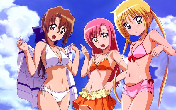 Anime picture 1920x1200 with hayate no gotoku! katsura hinagiku sanzenin nagi maria (hayate no gotoku!) fujii masahiro long hair highres breasts light erotic blonde hair red eyes brown hair wide image twintails green eyes yellow eyes pink hair sky flat chest swimsuit