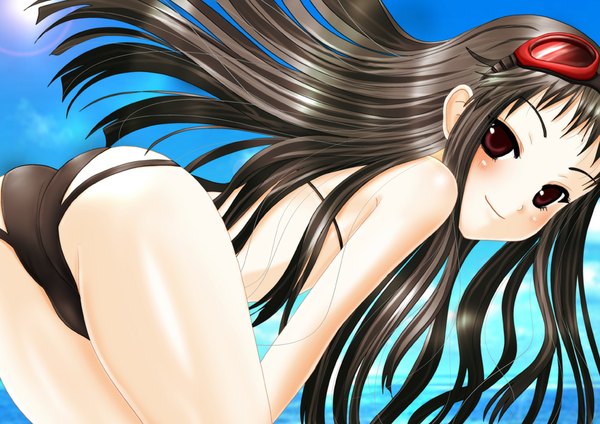 Anime picture 1000x707 with ar tonelico ar tonelico ii gust (company) jacqli inumori sayaka single long hair looking at viewer blush fringe light erotic black hair smile red eyes sky cloud (clouds) ass sunlight floating hair turning head