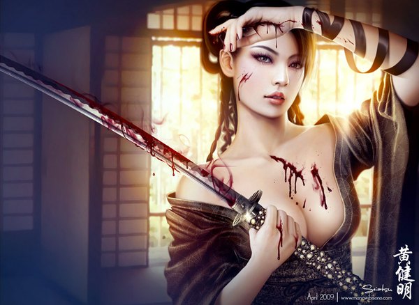 Anime picture 1000x731 with legend of the five rings seiatsu mario wibisono (raynkazuya) single long hair brown hair bare shoulders brown eyes braid (braids) nail polish japanese clothes lips sunlight realistic drill hair hieroglyph girl weapon sword katana