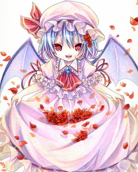 Anime picture 2962x3683 with touhou remilia scarlet kagami leo single tall image looking at viewer highres short hair open mouth red eyes blue hair from above teeth fang (fangs) traditional media colored pencil (medium) girl dress flower (flowers) petals