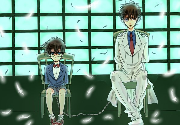 Anime picture 1100x768 with detective conan kaito kid edogawa conan tagme (artist) short hair blue eyes brown hair sitting bondage boy glasses necktie bowtie chain feather (feathers) chair suit child (children) monocle