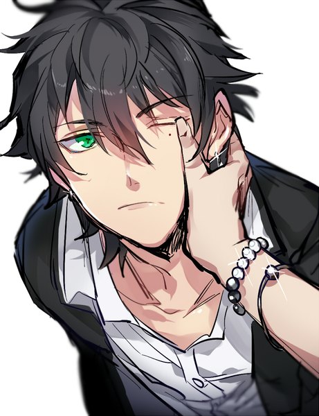 Anime picture 769x1000 with hypnosis mic aohitsugi samatoki yamada ichirou (hypnosis mic) maro (rec cnn3) tall image looking at viewer fringe short hair black hair simple background hair between eyes white background green eyes one eye closed from above mole multiple boys mole under eye pov hand on another's face