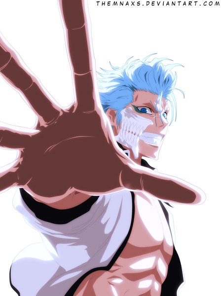 Anime-Bild 2000x2679 mit bleach studio pierrot grimmjow jeagerjaques themnaxs single tall image highres short hair blue eyes smile white background blue hair japanese clothes grin coloring muscle espada boy kimono mask