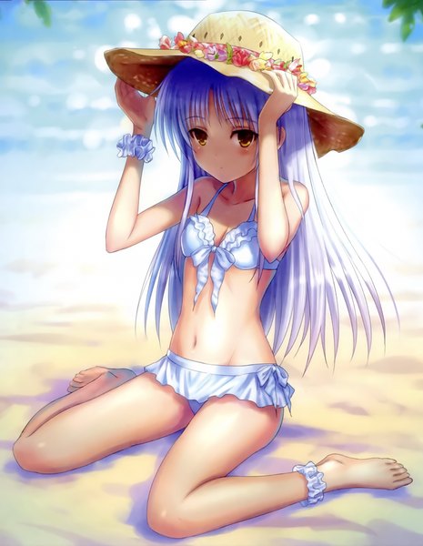 Anime picture 2041x2631 with angel beats! key (studio) tachibana kanade goto p single long hair tall image looking at viewer blush highres light erotic yellow eyes white hair barefoot scan official art beach girl navel swimsuit