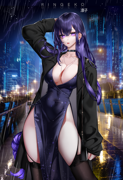 Anime picture 3876x5686 with genshin impact raiden shogun ringeko-chan single long hair tall image looking at viewer fringe highres breasts open mouth light erotic hair between eyes large breasts purple eyes signed absurdres cleavage purple hair outdoors