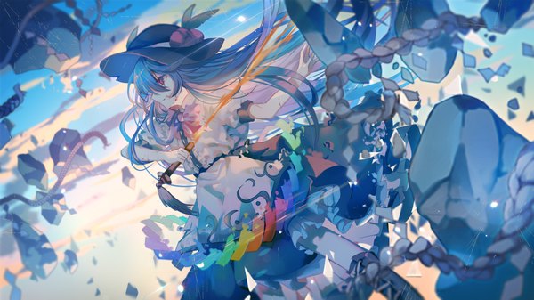 Anime picture 1778x1000 with touhou hinanawi tenshi yasato single long hair fringe highres hair between eyes red eyes wide image blue hair looking away sky profile girl dress weapon hat sword knee boots
