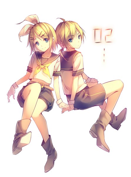 Anime picture 1488x2005 with vocaloid kagamine rin kagamine len tidsean tall image looking at viewer short hair blue eyes blonde hair simple background white background girl boy bow hair bow shorts boots sailor suit
