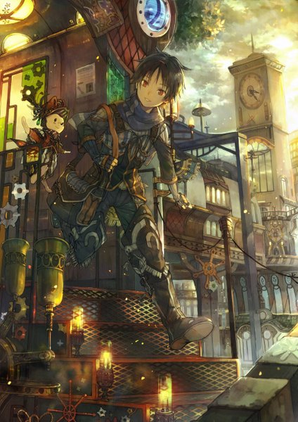 Anime picture 868x1228 with original hihara you single tall image short hair black hair red eyes looking away sky running boy gloves plant (plants) animal scarf fingerless gloves thigh boots bag stairs tower