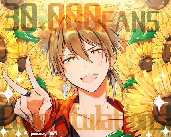 Anime picture 2500x2000 with virtual youtuber nijisanji fushimi gaku miyukiyo single fringe highres short hair hair between eyes brown hair signed yellow eyes upper body head tilt fingernails twitter username victory long fingernails milestone celebration boy