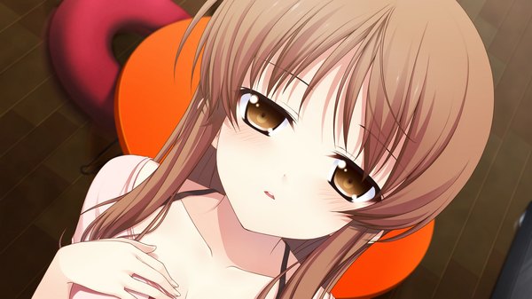 Anime picture 1280x720 with chuning lover hyoudou jun koso single long hair blush brown hair wide image brown eyes game cg girl