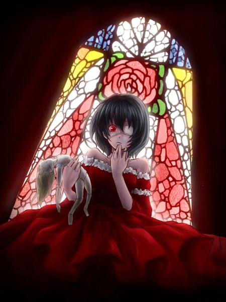 Anime picture 900x1200 with another p.a. works misaki mei tori-suki tall image looking at viewer short hair black hair red eyes bare shoulders girl dress window eyepatch red dress doll (dolls)