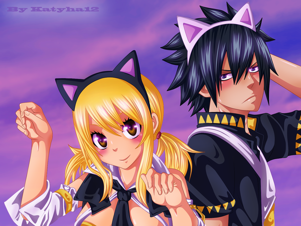 Anime picture 1522x1144 with fairy tail lucy heartfilia gray fullbuster katyha12 long hair blush short hair black hair blonde hair smile purple eyes twintails brown eyes animal ears sky cloud (clouds) cat ears coloring girl boy