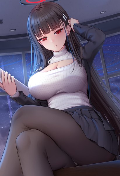 Anime picture 2600x3800 with blue archive rio (blue archive) melopun single long hair tall image looking at viewer blush fringe highres breasts light erotic black hair red eyes large breasts sitting holding indoors blunt bangs arm up