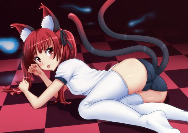 Anime picture 1325x940 with touhou kaenbyou rin kezune (i- -i) single long hair looking at viewer blush light erotic red eyes twintails animal ears ass red hair tail animal tail looking back cat ears cat girl cat tail turning head