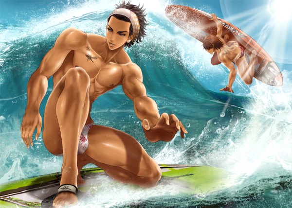 Anime picture 1250x893 with original odu (artist) light erotic brown hair sunlight tattoo muscle surfing boy underwear panties earrings water hairband