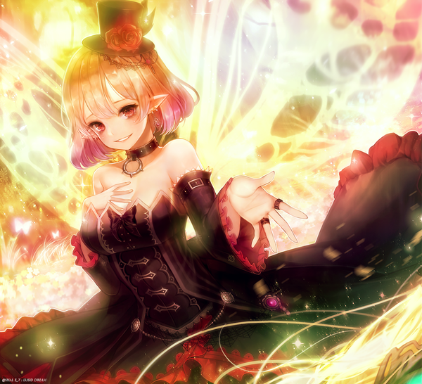 Anime picture 1500x1367 with maplestory lucid (maplestory) shale single looking at viewer blush fringe short hair breasts smile hair between eyes red eyes large breasts pink hair cleavage multicolored hair pointy ears wide sleeves sparkle dutch angle