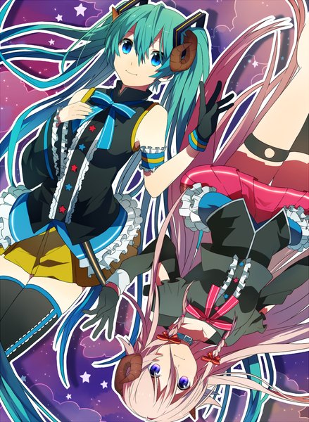 Anime picture 900x1230 with vocaloid hatsune miku ia (vocaloid) heiwa (murasiho) long hair tall image blue eyes twintails purple eyes multiple girls pink hair braid (braids) horn (horns) aqua hair twin braids girl thighhighs dress gloves hair ornament