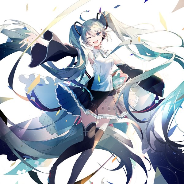 Anime-Bild 1080x1080 mit vocaloid hatsune miku hatsune miku (vocaloid4) (chinese) mamenomoto single looking at viewer fringe open mouth simple background smile hair between eyes standing white background twintails multiple girls ahoge very long hair pleated skirt one eye closed aqua eyes