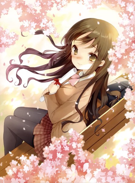 Anime picture 3544x4798 with original cuteg single long hair tall image looking at viewer blush fringe highres smile sitting green eyes absurdres cherry blossoms looking up checkered girl uniform flower (flowers) bow