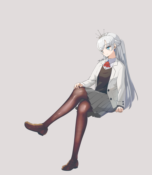 Anime picture 2000x2300 with rwby rooster teeth weiss schnee ar jart single long hair tall image looking at viewer highres blue eyes simple background signed silver hair full body long sleeves pleated skirt grey background twitter username crossed legs scar