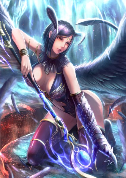 Anime picture 1000x1414 with original yazuwo single tall image blush short hair breasts light erotic black hair red eyes large breasts bare shoulders looking away cleavage tail horn (horns) lips thighs kneeling magic