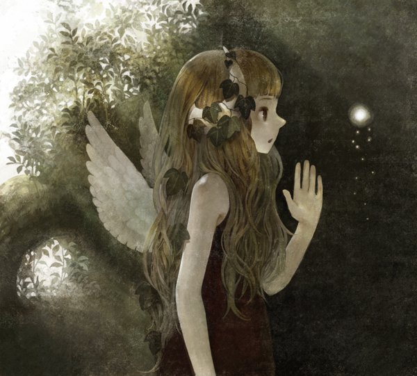 Anime picture 1500x1353 with original hari mono single long hair open mouth brown hair brown eyes looking away profile pale skin girl dress wings leaf (leaves)